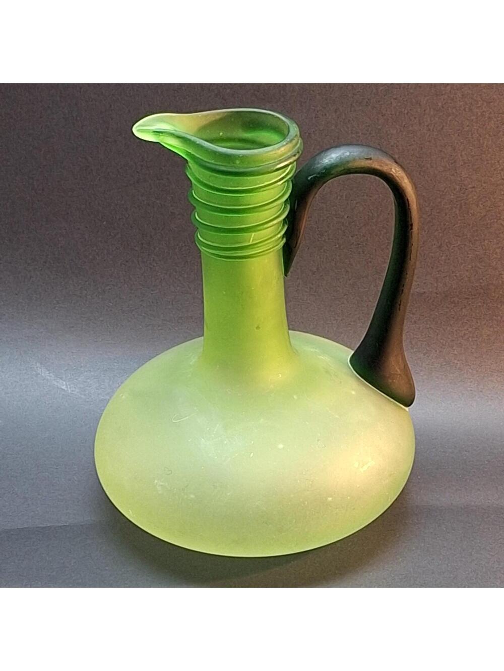 Vintage Empoli Hand Blown Green Glass Jug Frosted Finish Applied Handle Italy